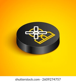 Isometric line Windmill icon isolated on yellow background. Black circle button. Vector