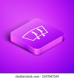 Isometric line Windscreen wiper icon isolated on purple background. Purple square button. Vector Illustration
