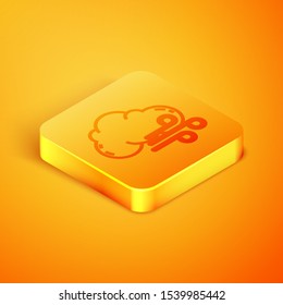 Isometric line Windy weather icon isolated on orange background. Cloud and wind. Orange square button. Vector Illustration
