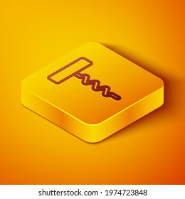 Isometric line Wine corkscrew icon isolated on orange background. Yellow square button. Vector