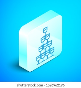 Isometric line Wine glasses stacked in a pyramid tower icon isolated on blue background. Wineglass sign. Silver square button. Vector Illustration