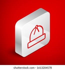 Isometric line Winter hat icon isolated on red background. Silver square button. Vector Illustration