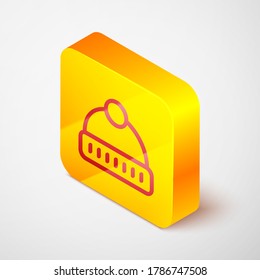 Isometric line Winter hat icon isolated on grey background. Yellow square button. Vector