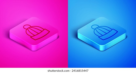 Isometric line Winter hat icon isolated on pink and blue background. Square button. Vector