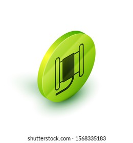 Isometric line Wire electric cable on a reel or drum icon isolated on white background. Green circle button. Vector Illustration