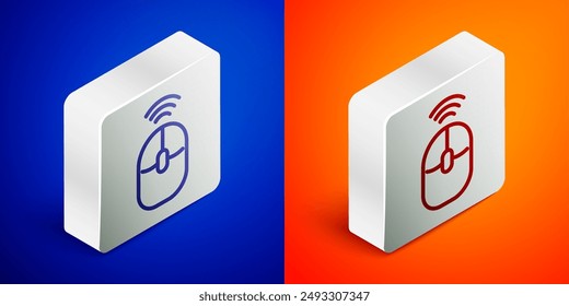 Línea isométrica Icono de ratón inalámbrico de ordenador aislado sobre fondo azul y naranja. Óptica con símbolo de rueda. Botón cuadrado plateado. Vector