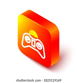 Isometric line Wireless gamepad icon isolated on white background. Game controller. Orange square button. Vector Illustration