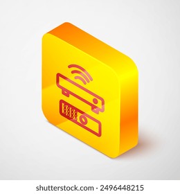 Isometric line Wireless multimedia and TV box receiver and player with remote controller icon isolated on grey background. Yellow square button. Vector