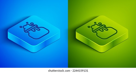 Isometric line Witch cauldron icon isolated on blue and green background. Happy Halloween party. Square button. Vector