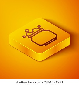 Isometric line Witch cauldron icon isolated on orange background. Happy Halloween party. Yellow square button. Vector