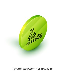 Línea isométrica Cauldrón de bruja e icono de piedra mágica aislado en fondo blanco. Botón de círculo verde. Ilustración vectorial