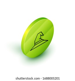 Isometric line Witch hat icon isolated on white background. Happy Halloween party. Green circle button. Vector Illustration