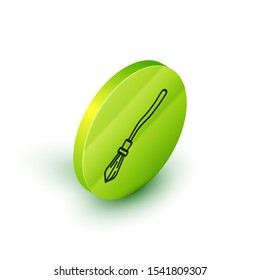 Isometric line Witches broom icon isolated on white background. Happy Halloween party. Green circle button. Vector Illustration