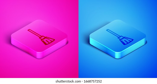 Isometric line Witches broom icon isolated on pink and blue background. Happy Halloween party. Square button. Vector Illustration