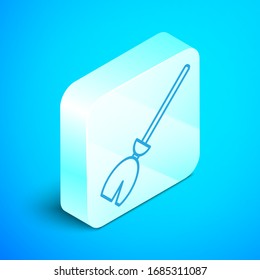 Isometric line Witches broom icon isolated on blue background. Happy Halloween party. Silver square button. Vector Illustration