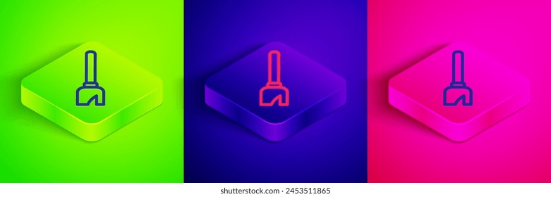 Isometric line Witches broom icon isolated on green, blue and pink background. Happy Halloween party. Square button. Vector