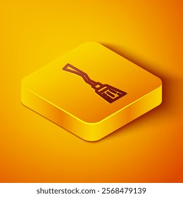 Isometric line Witches broom icon isolated on orange background. Happy Halloween party. Yellow square button. Vector