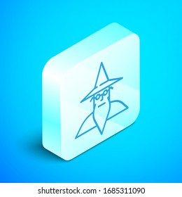 Isometric line Wizard warlock icon isolated on blue background. Silver square button. Vector Illustration