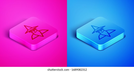 Isometric line Wizard warlock icon isolated on pink and blue background. Square button. Vector Illustration