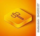 Isometric line Wooden axe icon isolated on orange background. Lumberjack axe. Happy Halloween party. Yellow square button. Vector
