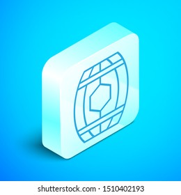 Isometric line Wooden barrel with honey icon isolated on blue background. Silver square button. Vector Illustration