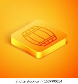 Isometric line Wooden barrel icon isolated on orange background. Alcohol barrel, drink container, wooden keg for beer, whiskey, wine. Orange square button. Vector Illustration