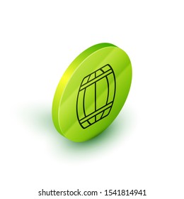 Isometric line Wooden barrel icon isolated on white background. Alcohol barrel, drink container, wooden keg for beer, whiskey, wine. Green circle button. Vector Illustration