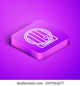 Isometric line Wooden barrel icon isolated on purple background. Alcohol barrel, drink container, wooden keg for beer, whiskey, wine. Purple square button. Vector Illustration