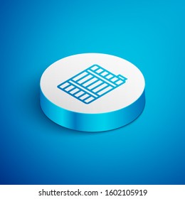 Isometric line Wooden barrel icon isolated on blue background. Alcohol barrel, drink container, wooden keg for beer, whiskey, wine. White circle button. Vector Illustration