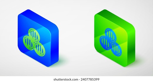 Isometric line Wooden barrel icon isolated grey background. Alcohol barrel, drink container, wooden keg for beer, whiskey, wine. Blue and green square button. Vector