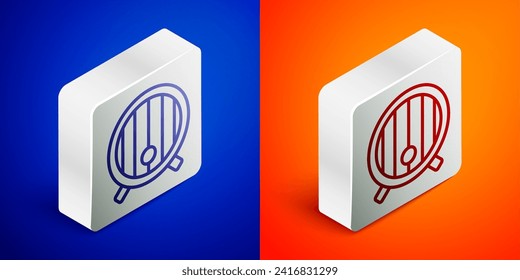 Isometric line Wooden barrel icon isolated on blue and orange background. Alcohol barrel, drink container, wooden keg for beer, whiskey, wine. Silver square button. Vector