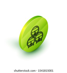 Isometric line Wooden barrel on rack with stopcock icon isolated on white background. Green circle button. Vector Illustration