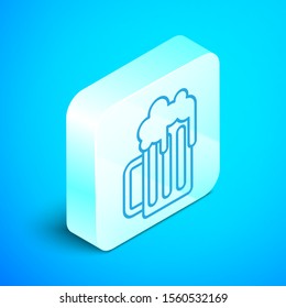 Isometric line Wooden beer mug icon isolated on blue background. Silver square button. Vector Illustration