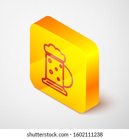 Isometric line Wooden beer mug icon isolated on grey background. Yellow square button. Vector Illustration