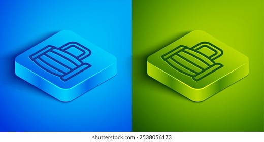 Isometric line Wooden beer mug icon isolated on blue and green background. Square button. Vector