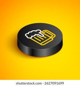 Isometric line Wooden beer mug icon isolated on yellow background. Black circle button. Vector