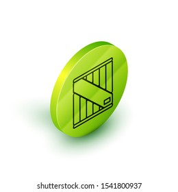 Isometric line Wooden box icon isolated on white background. Green circle button. Vector Illustration