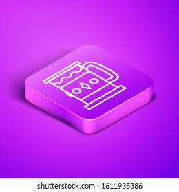 Isometric line Wooden mug icon isolated on purple background. Purple square button. Vector Illustration