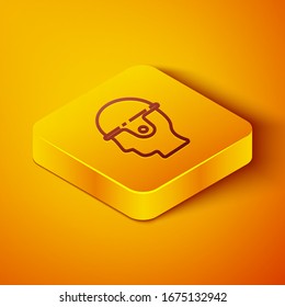 Isometric line Worker safety helmet icon isolated on orange background. Yellow square button. Vector Illustration