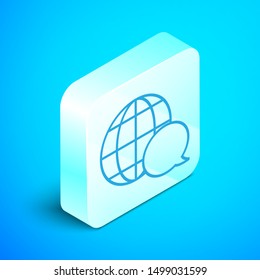 Isometric line World map made from speech bubble icon isolated on blue background. Global communication scheme on Earth. Silver square button. Vector Illustration