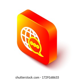 Isometrische Linie Weltkarte aus dem Sprechblasen-Symbol isoliert auf weißem Hintergrund. Globales Kommunikationssystem auf der Erde. Orangefarbener Knopf. Vector Illustration
