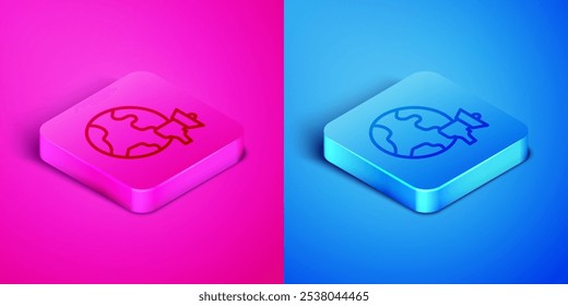 Línea isométrica Icono de noticias del mundo aislado en fondo rosa y azul. Últimas noticias, noticias del mundo. Botón cuadrado. Vector