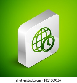 Isometric line World time icon isolated on green background. Clock and globe. Silver square button. Vector.