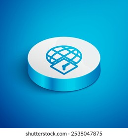 Isometric line World time icon isolated on blue background. Clock and globe. White circle button. Vector