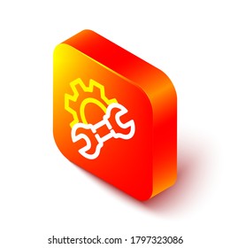 Línea isométrica Soportador de llave inglesa e icono de engranaje aislado en fondo blanco. Ajuste, servicio, configuración, mantenimiento, reparación, arreglo. Botón cuadrado naranja. Ilustración vectorial