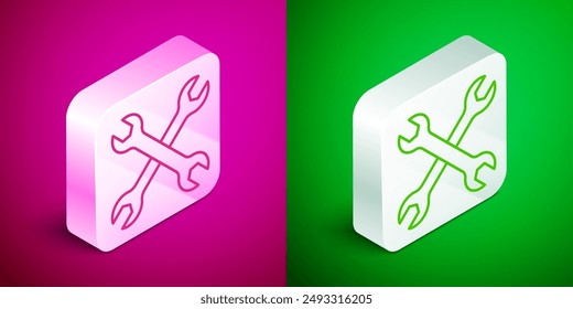 Isometric line Wrench spanner icon isolated on pink and green background. Spanner repair tool. Service tool symbol. Silver square button. Vector