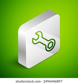 Isometric line Wrench spanner icon isolated on green background. Silver square button. Vector