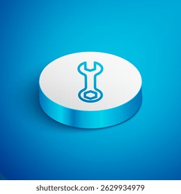 Icono de llave inglesa de línea isométrica aislado sobre fondo azul. Botón de círculo blanco. Vector