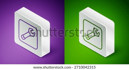 Isometric line Wrench spanner icon isolated on purple and green background. Spanner repair tool. Service tool symbol. Silver square button. Vector