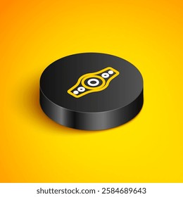 Isometric line Wrestling championship belt icon isolated on yellow background. Black circle button. Vector